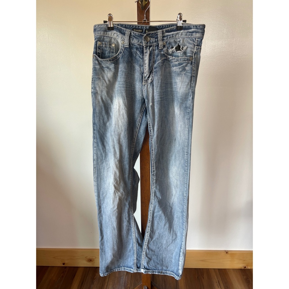 Helix Mens Relaxed Bootcut Jeans 30x32 Light Wash Distressed Cross Stitch Y2K
